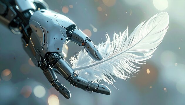 Metallic robotic arm carefully holding delicate white feather representing precision artificial intelligence technology