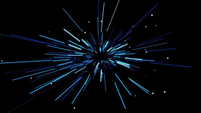 Abstract blue light speed warp tunnel effect, sci-fi hyperspace travel background, neon glowing particles motion