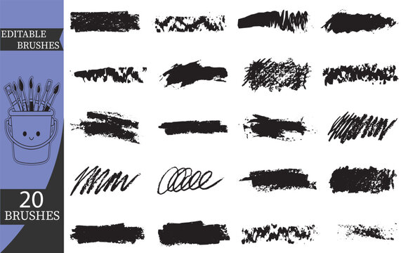 Grunge charcoal brush strokes set, 20 editable vector brushes for digital art, black ink paint textures and hand drawn pencil scribbles for graphic design