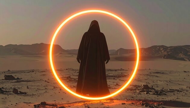 Dark hooded phantom floating inside glowing orange circular portal above barren futuristic wasteland