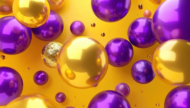 Floating spheres with metallic gold, purple and matte yellow textures arranged in dynamic modern geometric composition