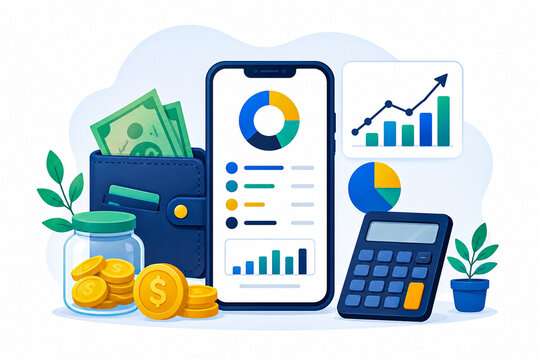Financial data visualization on a smartphone with money and calculator illustration