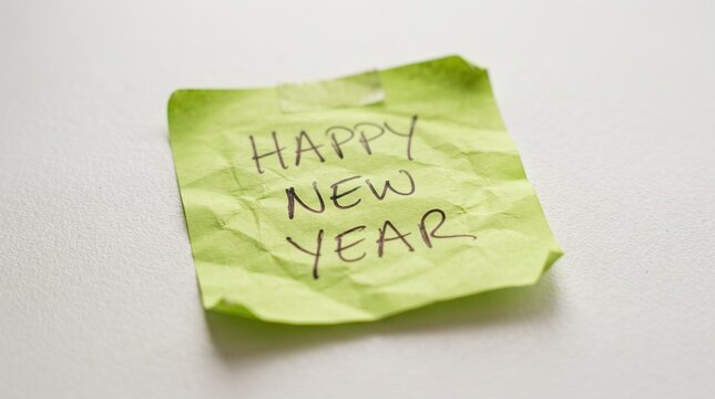 A crumpled green sticky note displays a handwritten 'happy new year' message symbolizing fresh starts
