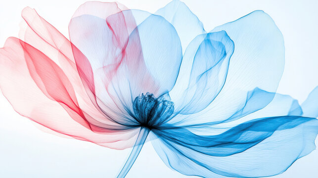 Ethereal flower design with flowing red and blue petals, creating delicate and artistic appearance. soft colors blend beautifully, evoking sense
