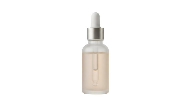 Cosmetic serum bottle with dropper, glass container for skincare product, beauty oil or facial essence isolated on transparent background