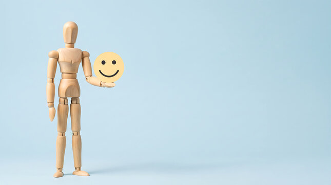 Marketing team mid-year performance review and employee satisfaction KPI tracking concept with wooden mannequin holding smiley face icon with copy space for presentation