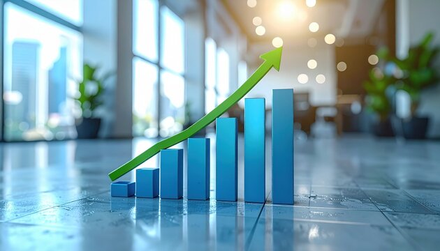 Green upward arrow crossing blue bar chart on modern office floor representing financial growth and business success