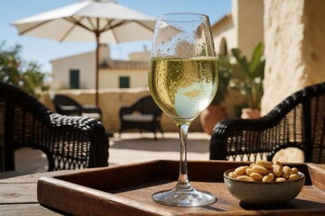 Obraz premium Chilled glass of white wine sits on wooden tray with nuts, outdoor patio setting, sunny day. Relaxing resort ambience, perfect for summer vacation.