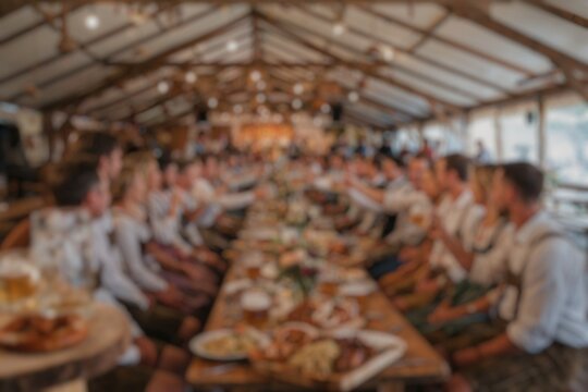Blurred Oktoberfest beer hall filled with visitors, food, and festive decorations, representing German tradition, celebration, tourism, and community.