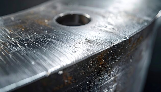 Macro 2027 engraving on brushed metallic industrial machinery component with rugged steel texture