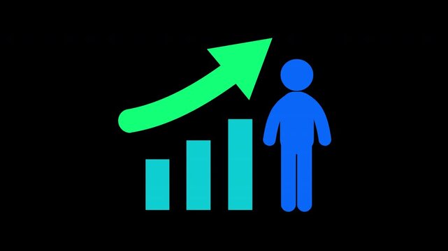 Minimalist Graphic Icon Showing A Person Standing Beside A Rising Bar Chart For Business Growth Concept