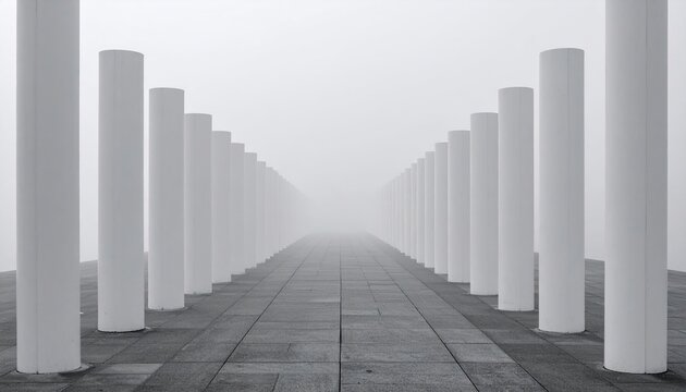 Endless symmetrical grid of white cylindrical architectural pillars disappearing into dense mysterious fog