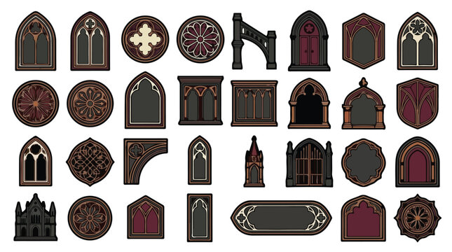 Gothic architectural window frames and cathedral arches vector set featuring vintage church portals, medieval rose windows, and antique dark fantasy stone ornaments isolated on white halloween