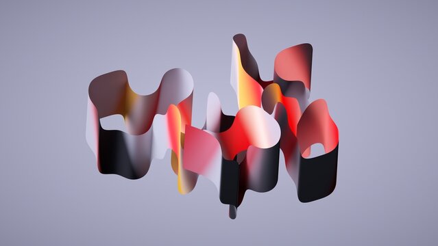 Abstract 3D shapes float in mid-air, featuring smooth curves and vibrant red, orange, and black tones against a soft gray backdrop. 3d render illustration.