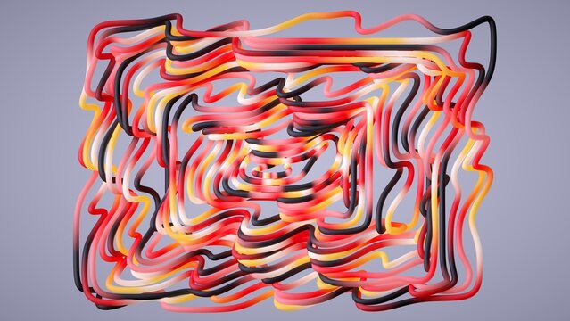 Abstract art features swirling lines in red, orange, yellow, and black against a gray background. 3d render illustration.