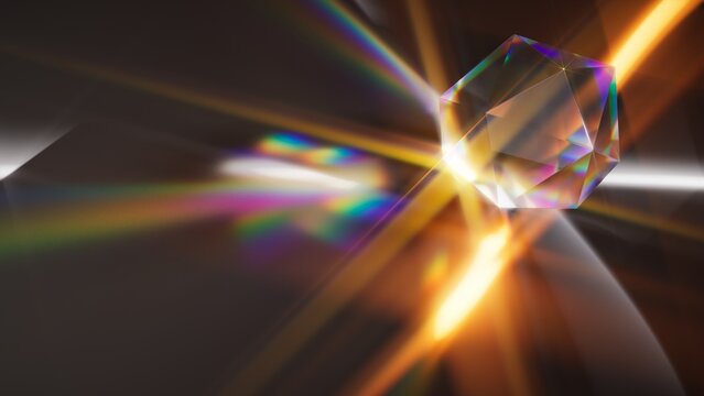 Crystal prism with sharp rainbow reflections and glowing light rays on dark. Elegant abstract image for optics, luxury branding, and modern technology visuals. 3D render illustration.