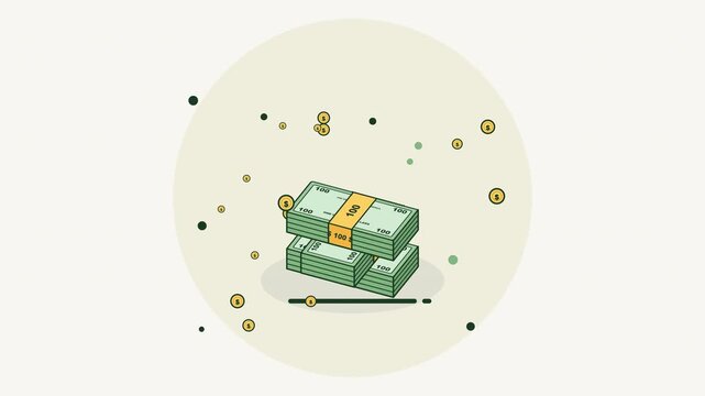 Vector isometric animation of criss-cross stacked 100 US dollar bills popping up with floating gold coins.