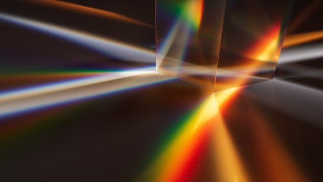 Abstract prism refraction with rainbow light beams on a dark background. Premium optical image for luxury branding, technology, and modern design. 3D render illustration.