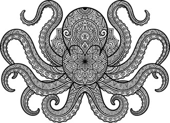 Decorative octopus mandala illustration, intricate tentacle pattern design, ornamental marine art symmetry, black and white detailed drawing, cad drawing flat vector illustration © Hadiul