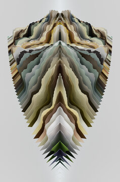 Narrow vertical terrain cluster tapers into layered earthy peaks. Minimal abstract landscape for modern backgrounds and visual concepts.