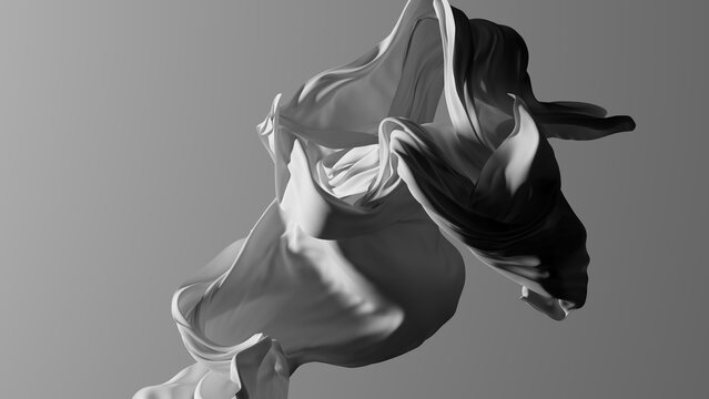 3d rendering. Abstract fashion wallpaper. Expressive white textile cloth waving, isolated on a neutral background. Silk fabric stripes are blown by the wind