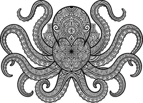 Decorative octopus mandala illustration, intricate tentacle pattern design, ornamental marine art symmetry, black and white detailed drawing, cad drawing flat vector illustration