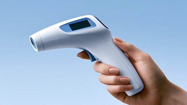 Hand holding a modern digital infrared thermometer, measuring body temperature and checking for fever or illness, representing healthcare, prevention, and medical screening during health crises