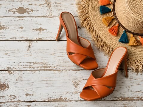 Orange leather heeled mule sandals on white rustic wooden planks beside straw hat with colorful tassels