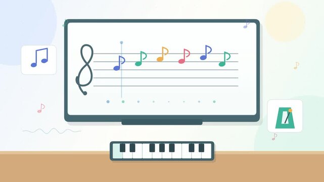 Animated Music Education Piano Keyboard and Sheet Notes Concept