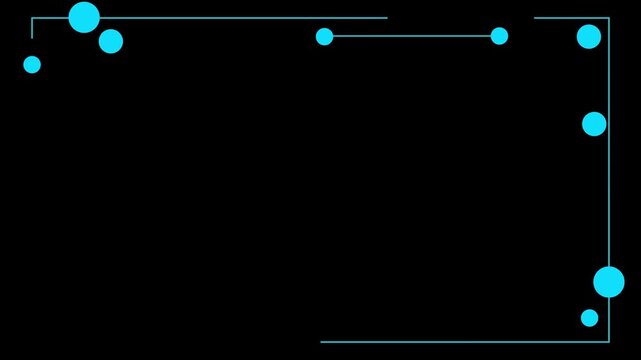  Cyan HUD frame features thin geometric lines and circular elements on a deep black background. Scattered glowing circles and open rectangular borders create a clean digital interface composition.