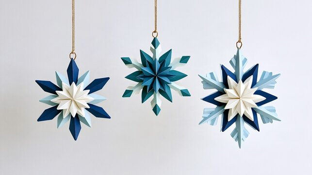 Three handcrafted origami snowflakes featuring intricate geometric patterns in shades of blue, white, and teal, hanging against a light background for winter and holiday themes