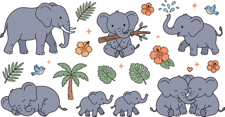 Cute elephant family and tropical jungle illustration collection with flowers, birds, palm leaves, baby elephants, branches, hearts, and decorative elements © Fuad