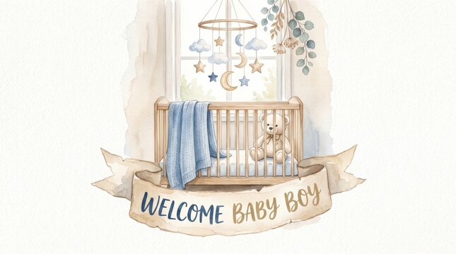 A watercolor illustration depicts a baby crib with a blue blanket and teddy bear under a.