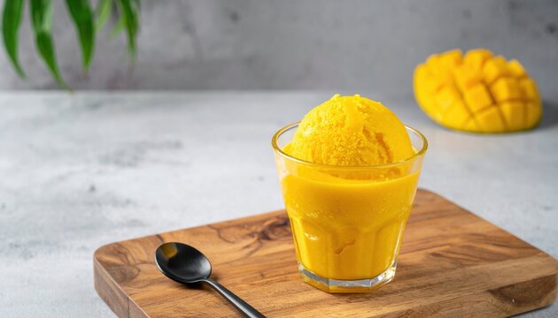 Yellow mango sorbet soft serve in glass cup on wooden cutting board with metal spoon