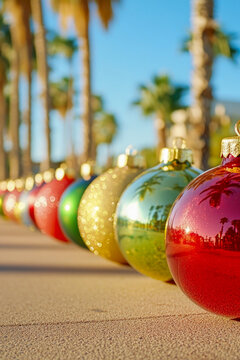 A row of Christmas ornaments sitting by the roadside, perhaps awaiting collection or disposal vertical frame