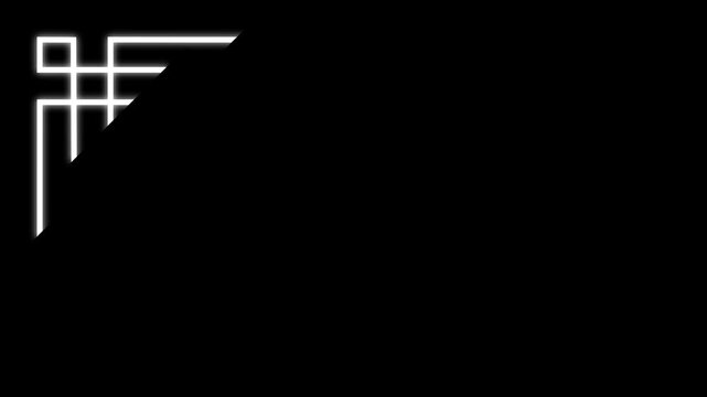 glowing white geometric corner frame appears against a deep black background. Intersecting lines and a diagonal cut create a sharp minimalist interface pattern with a futuristic visual style.