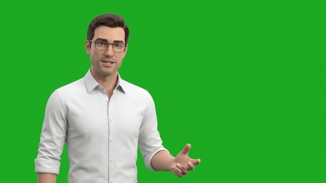 Professional male 3D character talking on green screen background