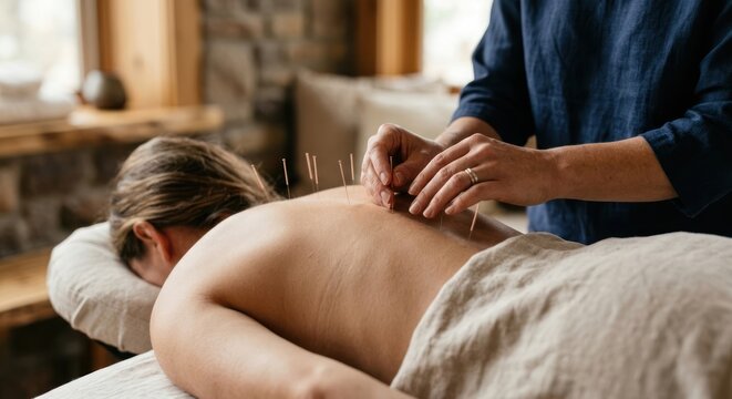 Acupuncture treatment on a persons back with needles.