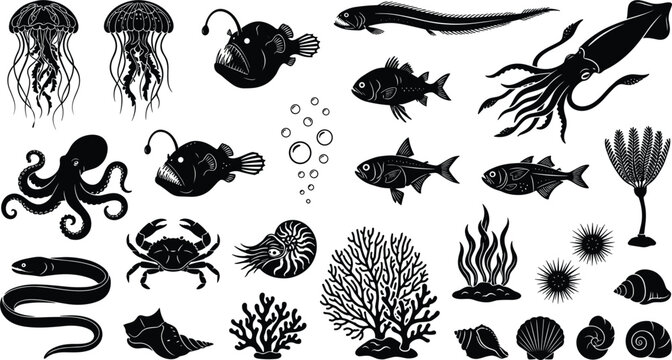 Deep sea marine animal silhouette collection featuring jellyfish, anglerfish, squid, octopus, fish, eel, crab, nautilus, coral, seaweed, shells, and sea urchins