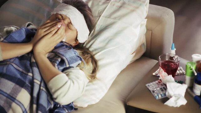 Sick Patient Lying On Sofa And Blowing Nose With Tissue Paper Next To Medications High. Cold Influenza Treatment 