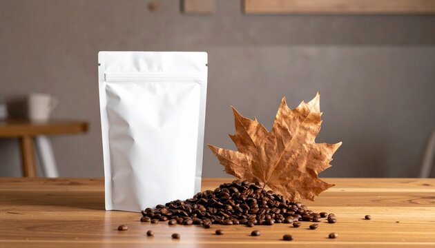Blank white foil pouch beside roasted espresso beans and dry maple leaf in cafe
