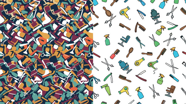Barbershop and Hair Salon Seamless Pattern Set Featuring Colorful Grooming Tools Scissors Hairdryers Chairs Combs and Razors Vectors for Fabric Textures