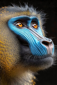 Close-up shot of a monkey's face with blue coloring, possibly from makeup or paint vertical frame
