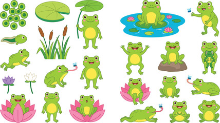 Obraz premium Cute Cartoon Frog & Pond Life Icon Set – Colorful Vector Collection