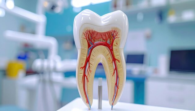 Human tooth anatomical model displaying internal nerve structure inside modern dental clinic