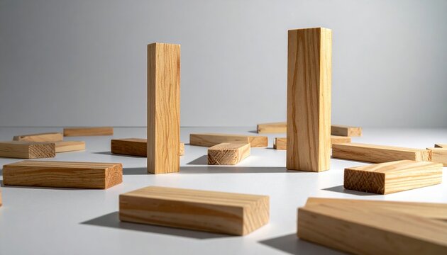 Single upright wooden block surrounded by scattered flat wooden blocks on clean studio floor