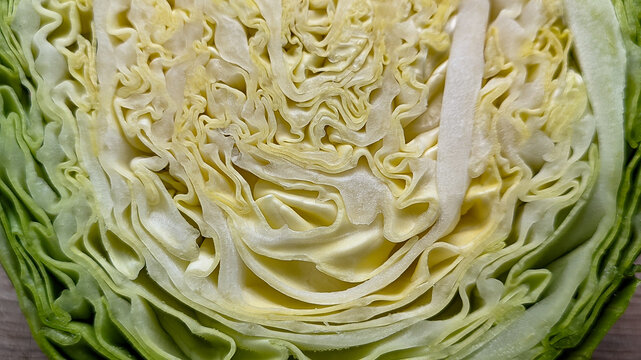 Fresh cut green cabbage head showing detailed organic layers and texture macro shot healthy food cooking ingredient raw vegetable background top view