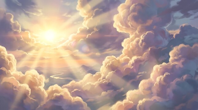 Golden sun rays shining through heavy clouds in a bright sky with sunlight