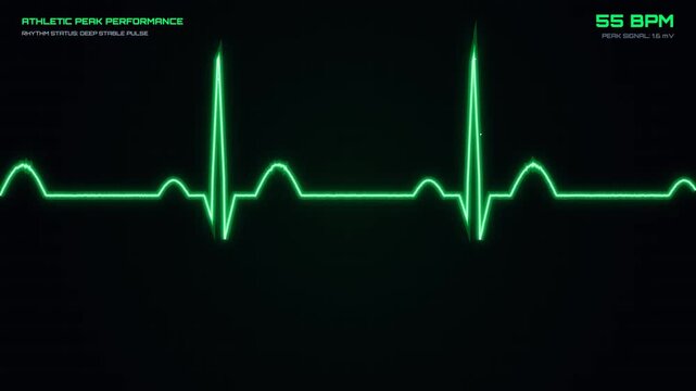 Animated Green Athletic Heart Rate ECG Monitor. Stable Heartbeat Pulse Wave. Peak Performance Fitness Tracker. Glowing Vital Signs HUD. Sports Heart Rate Display. Digital Health Monitoring UI