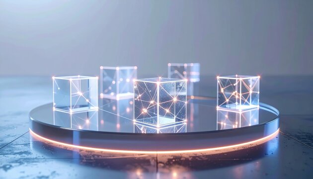 Abstract translucent cubes connected by glowing lines above circular glass podium, futuristic digital network concept